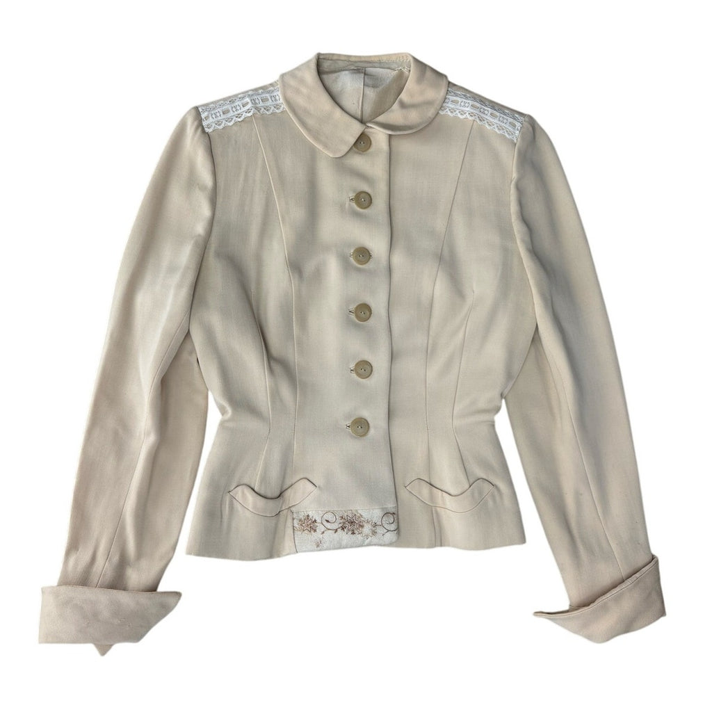 Vintage 40s Beige Wool Blazer Jacket Embroidered Detail Women's XS