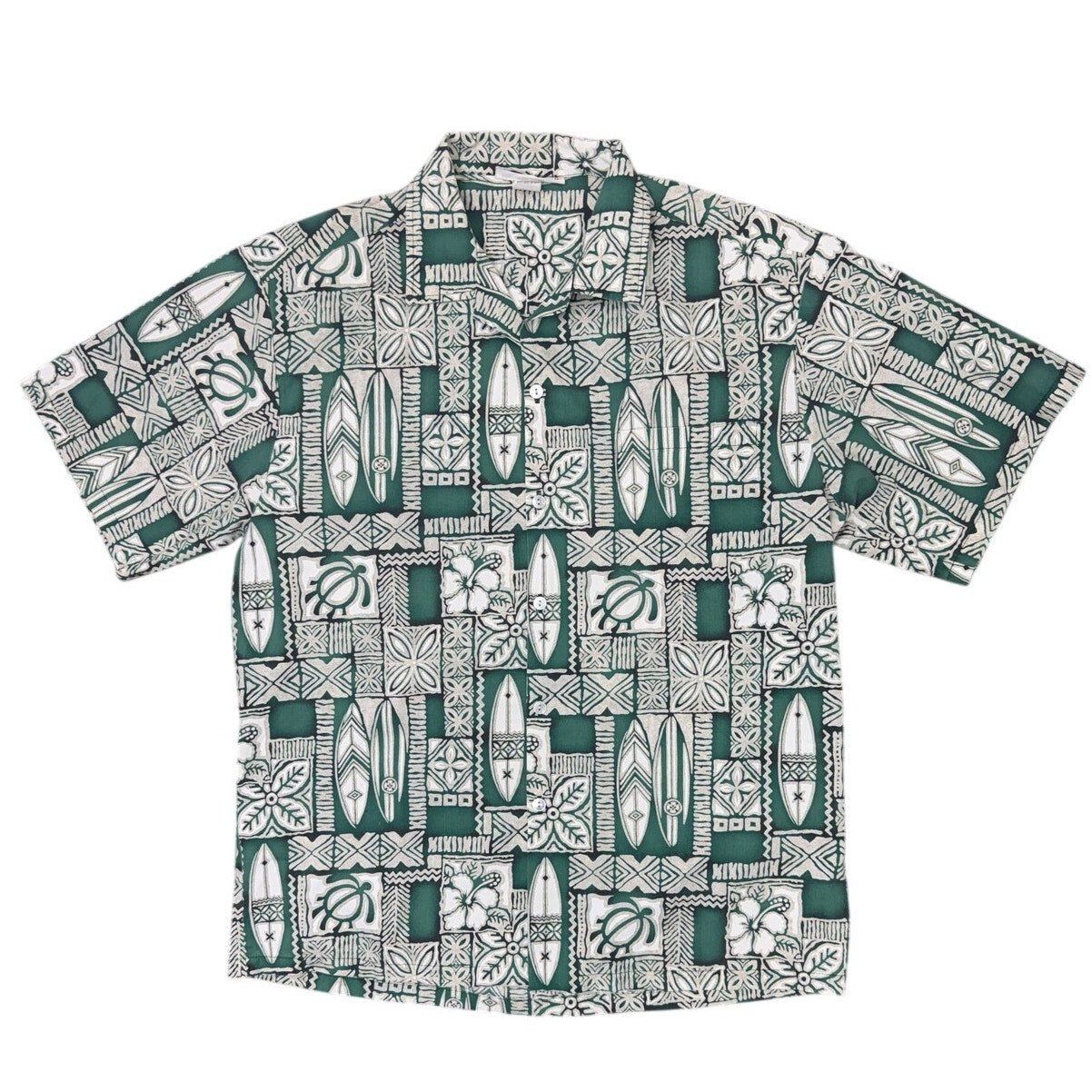 Vintage 80s Men's XL Hawaiian Shirt Green White Surfboard Turtle Print