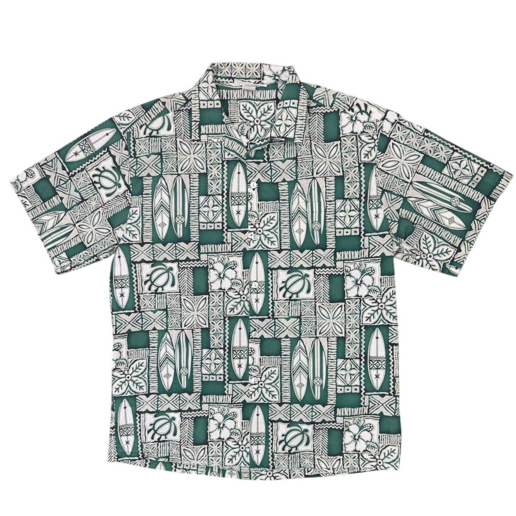 Vintage 80s Men's XL Hawaiian Shirt Green White Surfboard Turtle Print