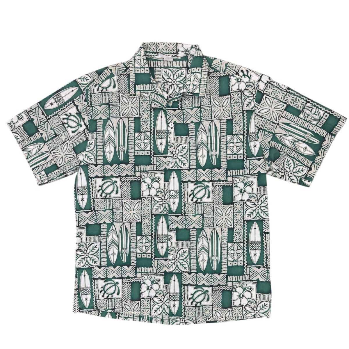 Vintage 80s Men's XL Hawaiian Shirt Green White Surfboard Turtle Print
