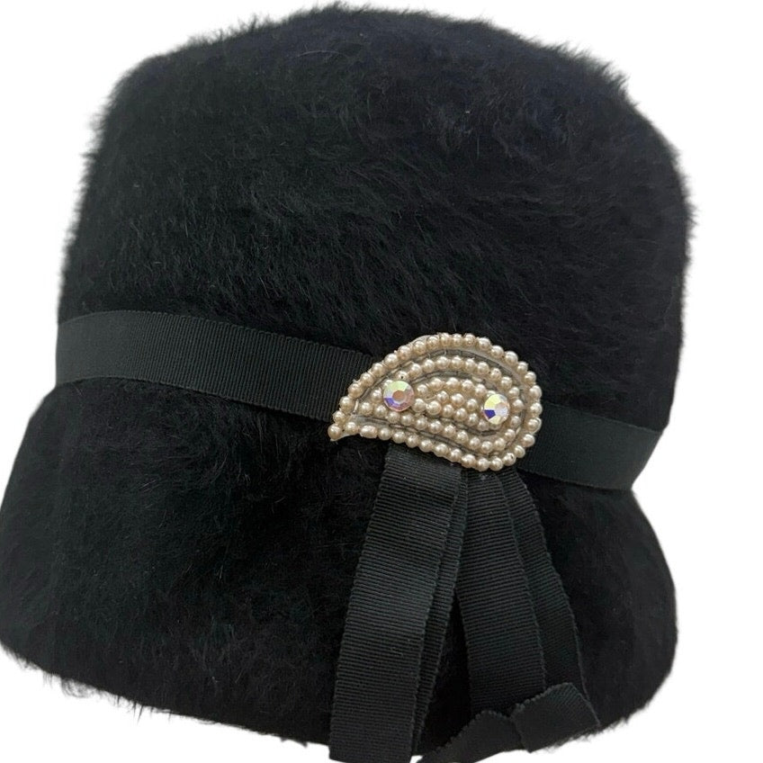 Vintage 60s Women's Black Wool Cossack Hat Pearl Rhinestone Trim Cloche