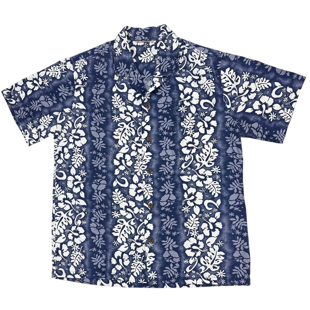 Vintage 80s Mens Large Navy White Floral Hawaiian Aloha Shirt 44 Chest