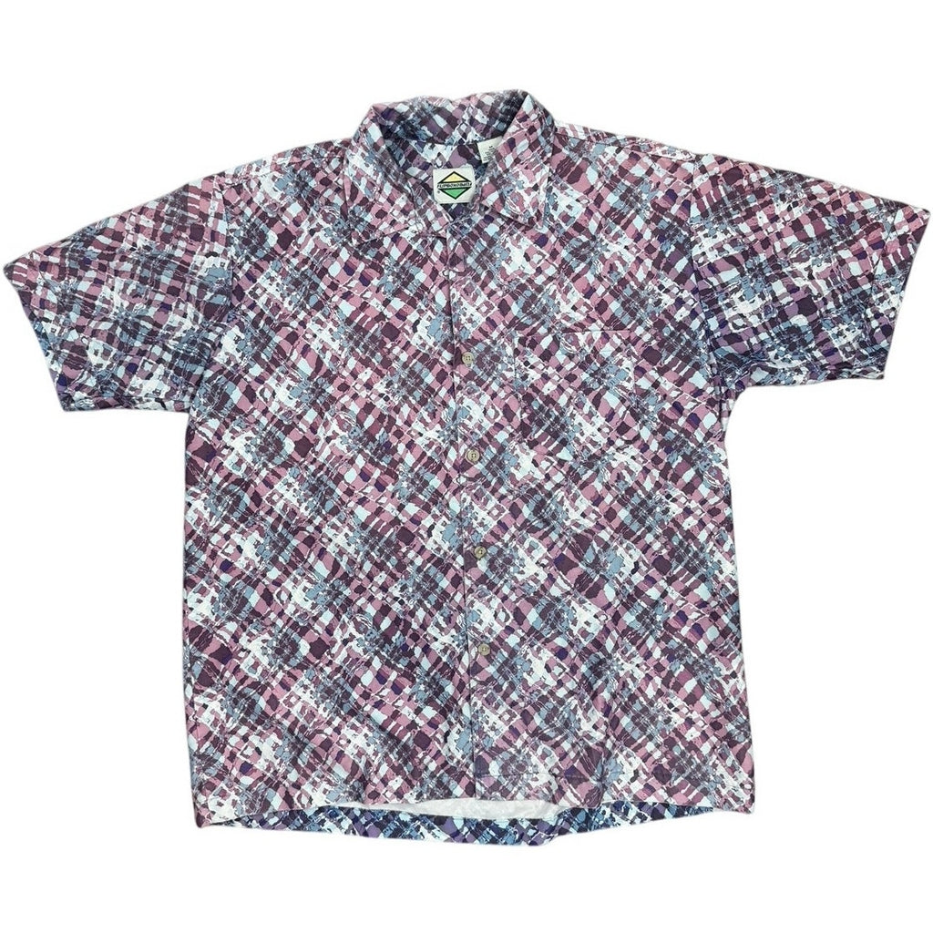 Vintage 80s Flipbox Purple Blue Geometric Polyester Button Up Shirt Men's Medium
