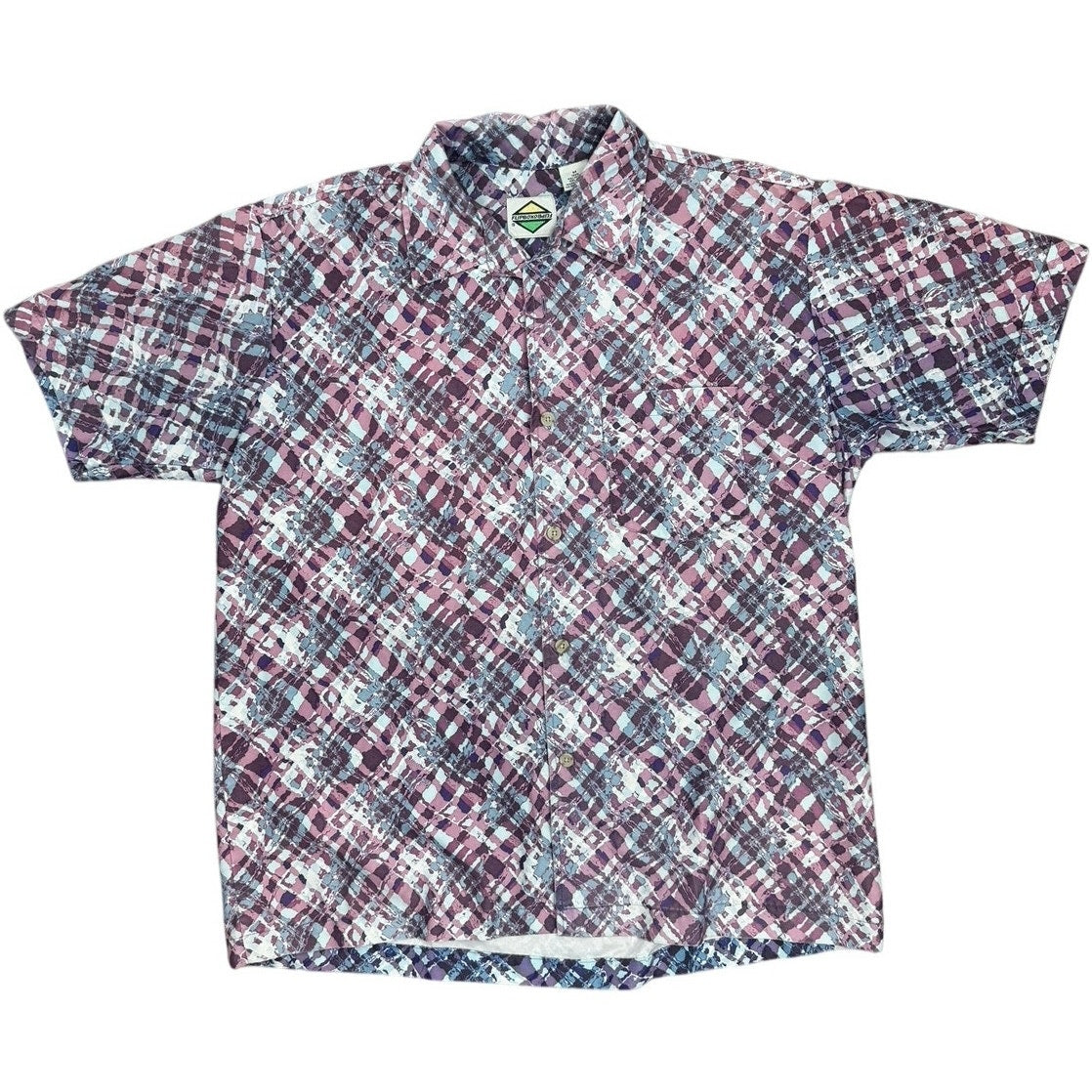 Vintage 80s Flipbox Purple Blue Geometric Polyester Button Up Shirt Men's Medium