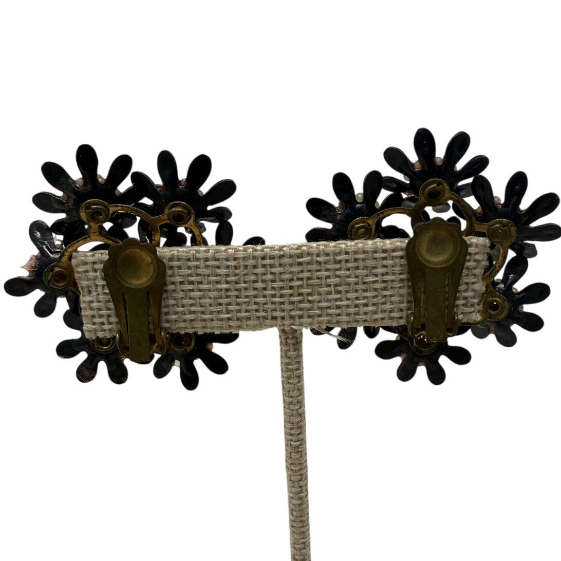 Vintage 1950s Black Daisy Rhinestone Clip On Earrings Floral 2”