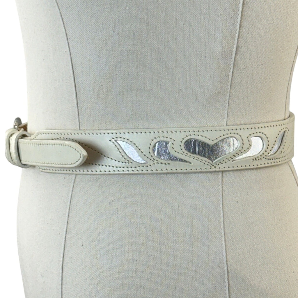 Vintage 80s White Leather Belt Heart Cutout Silver Buckle 24-27 Made in USA