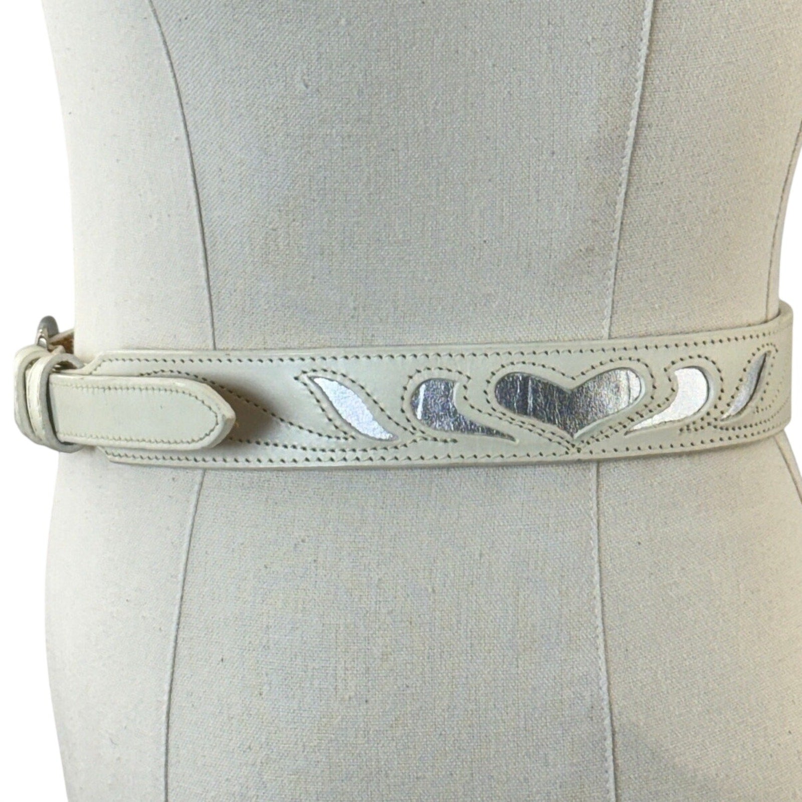 Vintage 80s White Leather Belt Heart Cutout Silver Buckle 24-27 Made in USA