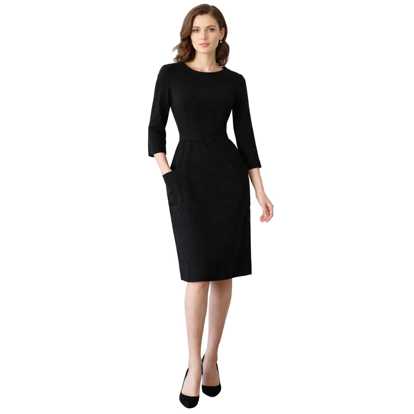 Vintage 60s Women's Small Black Wool Sheath Dress Koret Belted Pockets