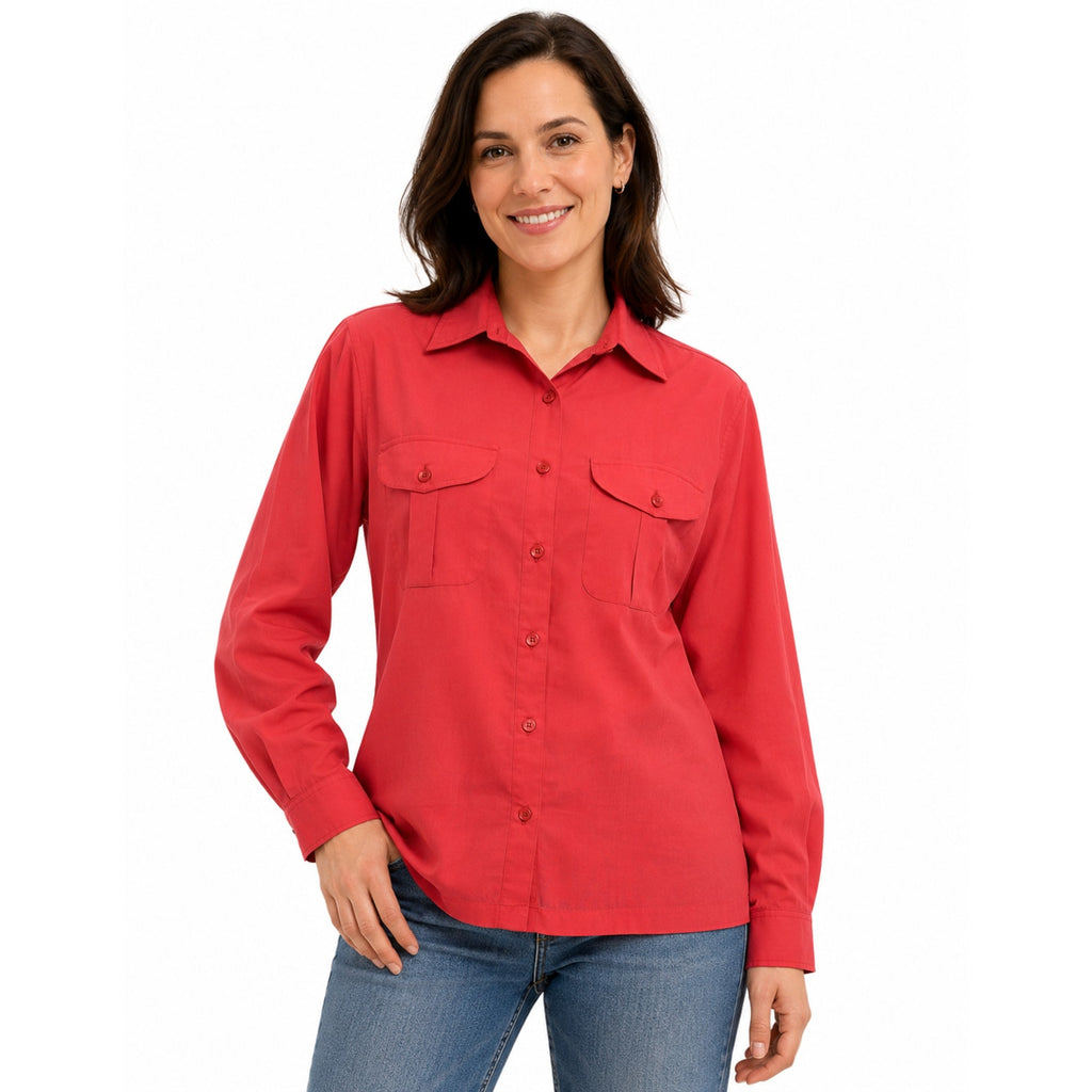 Vintage 60s Panher Women's Medium Pink Red Blouse Patch Pocket Button Shirt