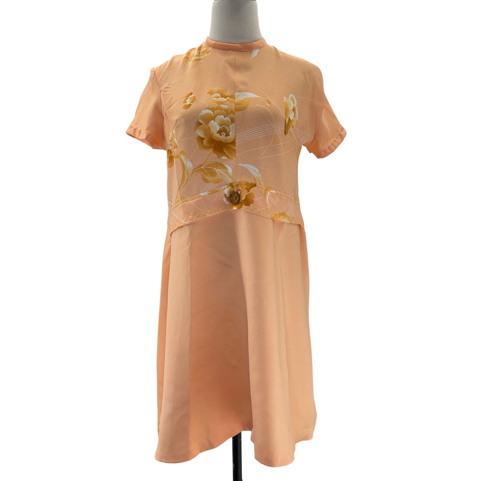 Vintage 70s Peach Floral Polyester Knit Mini Dress Women's Small Home Sewn