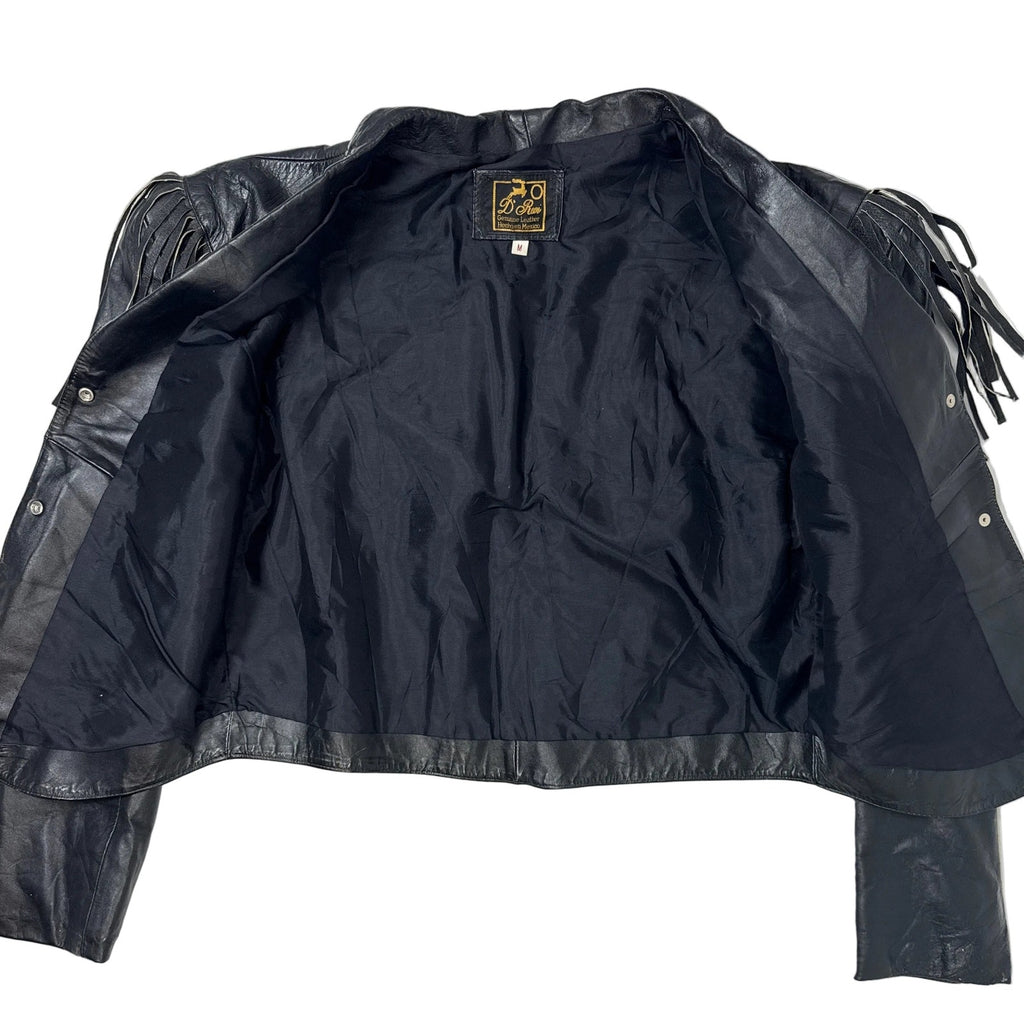 Vintage 80s Women's Medium Black Fringe Leather Jacket Western Biker