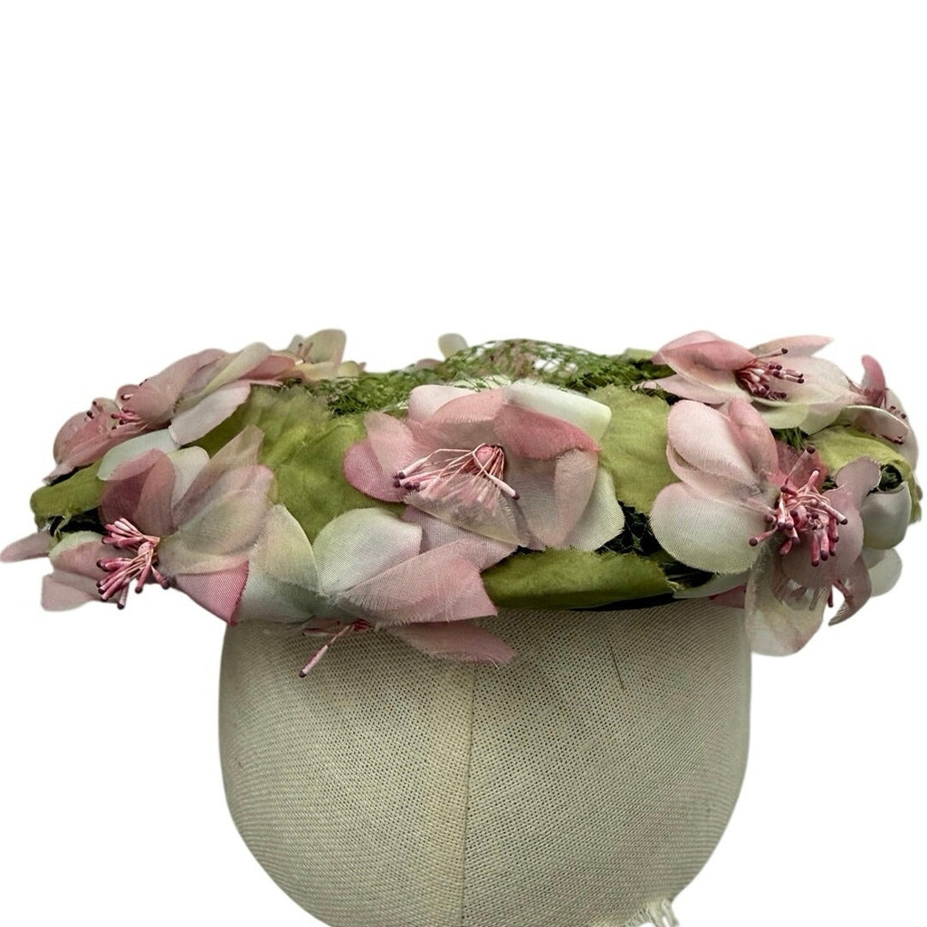 Vintage 50s Patrice Floral Ring Hat Pink Silk Flowers Fascinator