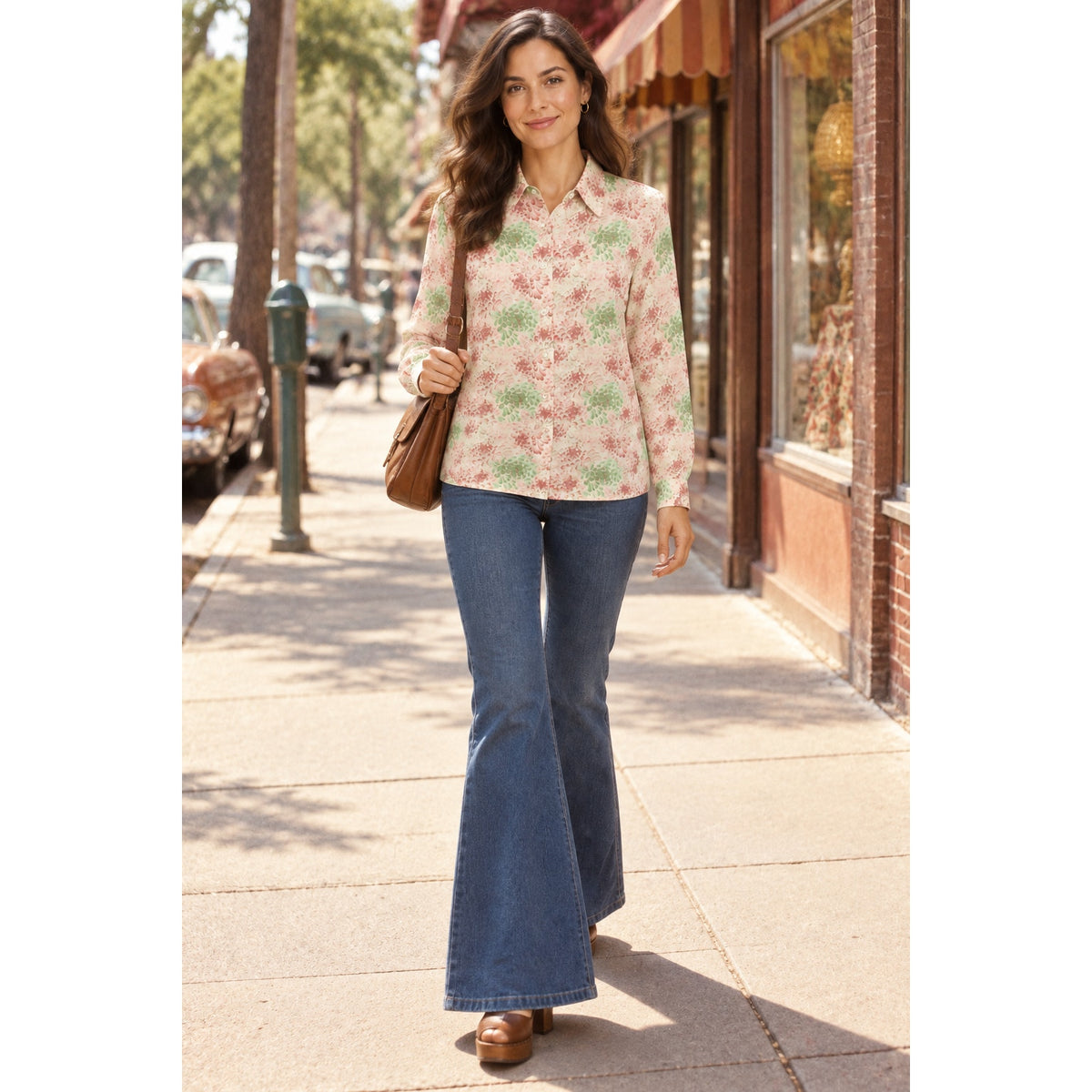 Vintage 70s Jantzen Pink Green Floral Long Sleeve Blouse Women's Medium