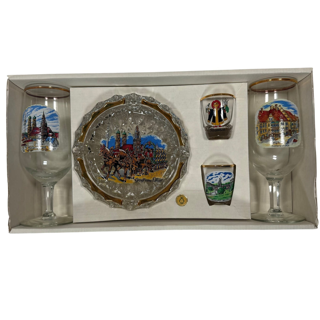 Vintage 70s Schweinfurt Germany Ashtray, Wine & Shot Glasses Set