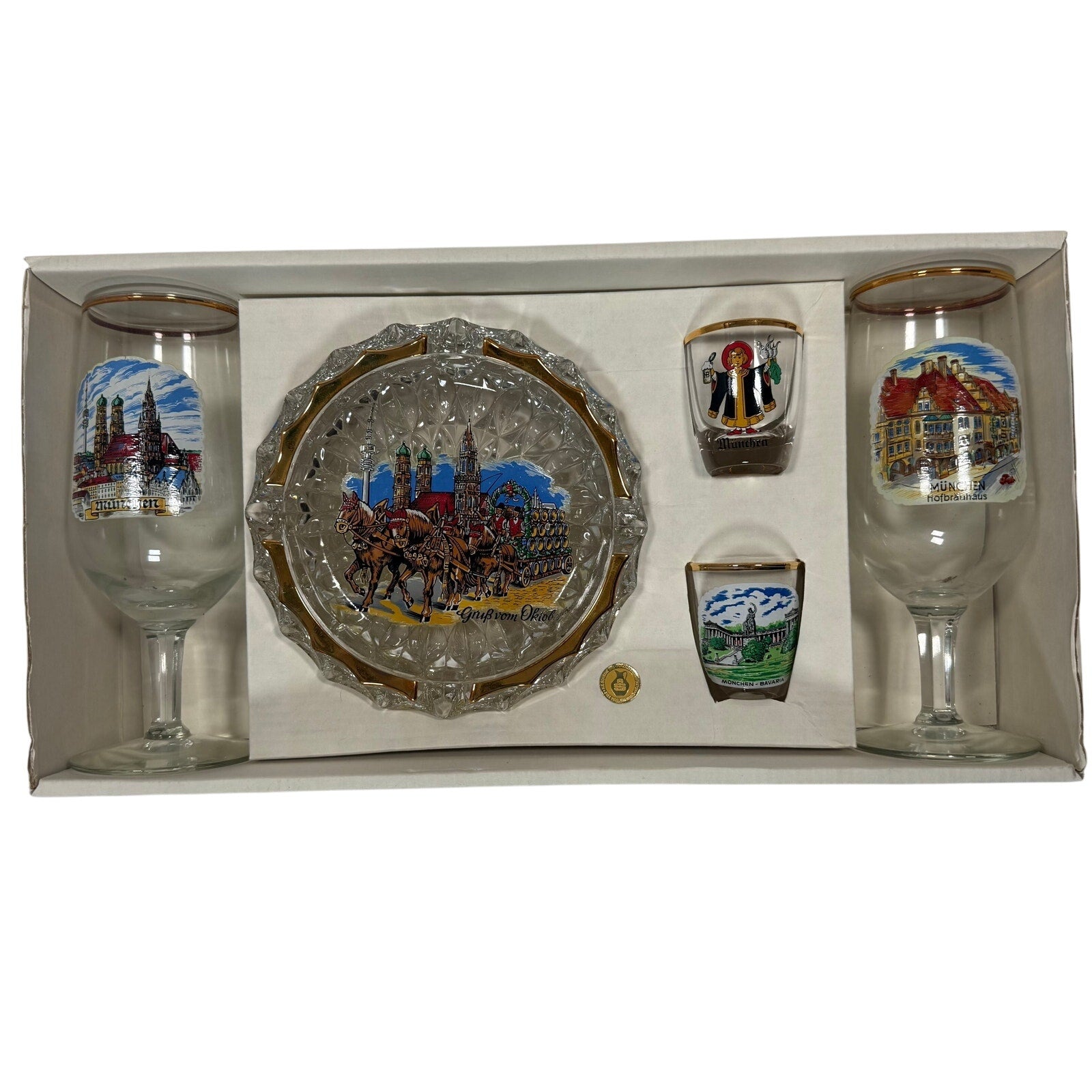Vintage 70s Schweinfurt Germany Ashtray, Wine & Shot Glasses Set