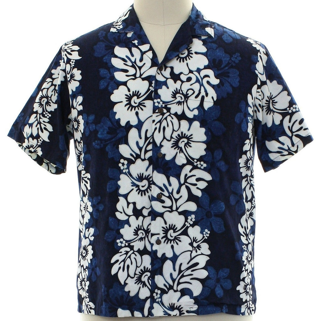 Vintage 90s Hawaiian Shirt Men's Medium Blue White Floral Cotton Aloha