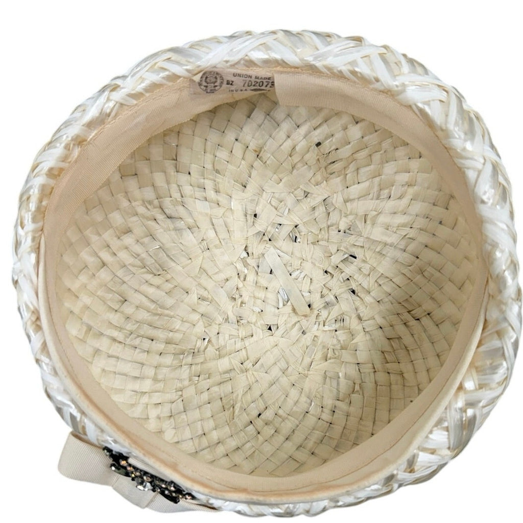 Vintage 1960s White Raffia Pillbox Hat Rhinestone Bow Union Label