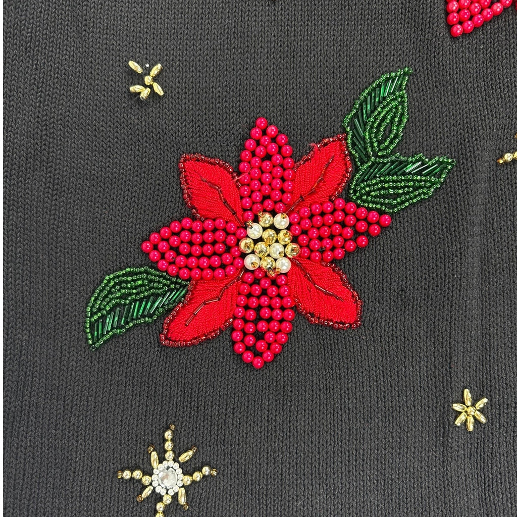 Vintage 80s Black Beaded Poinsettia Christmas Tunic Sweater Women's Large