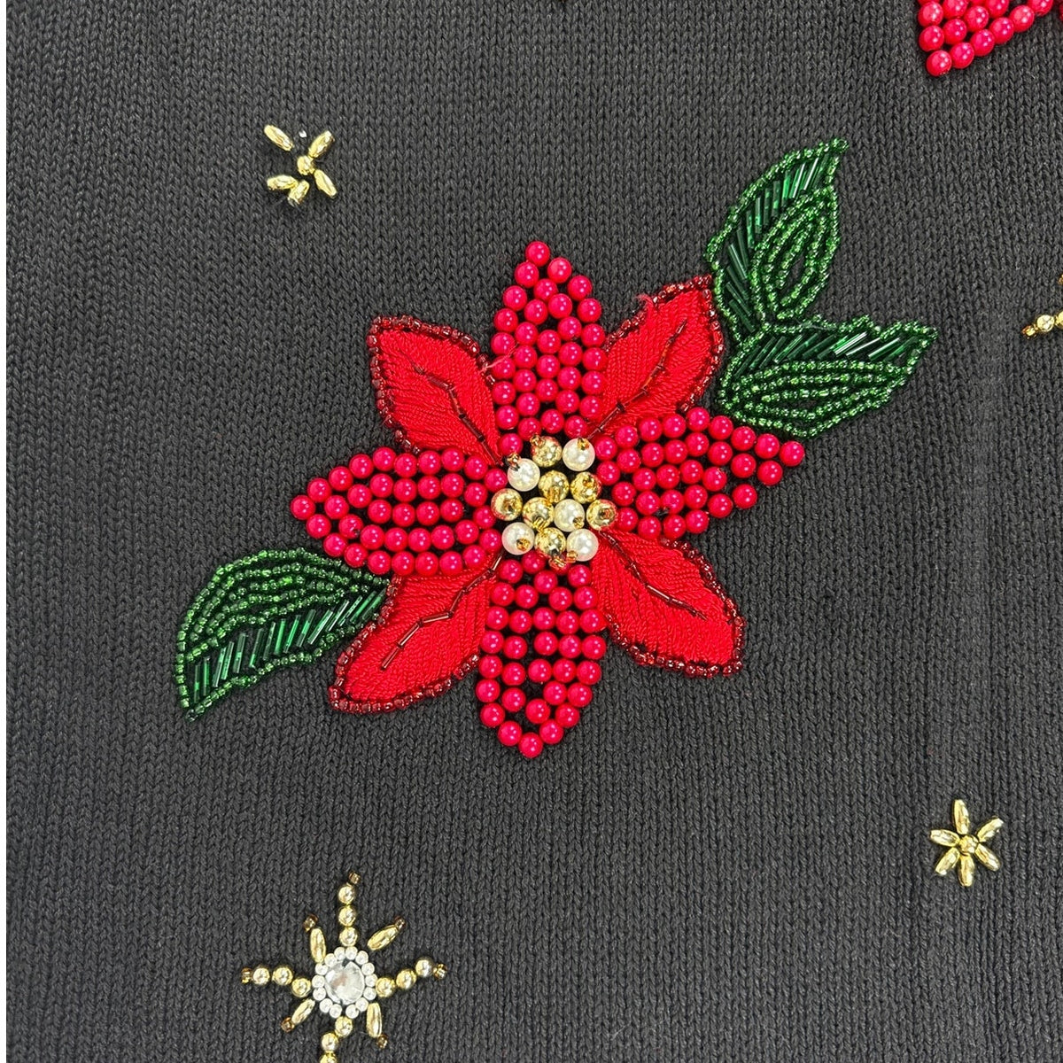 Vintage 80s Black Beaded Poinsettia Christmas Tunic Sweater Women's Large