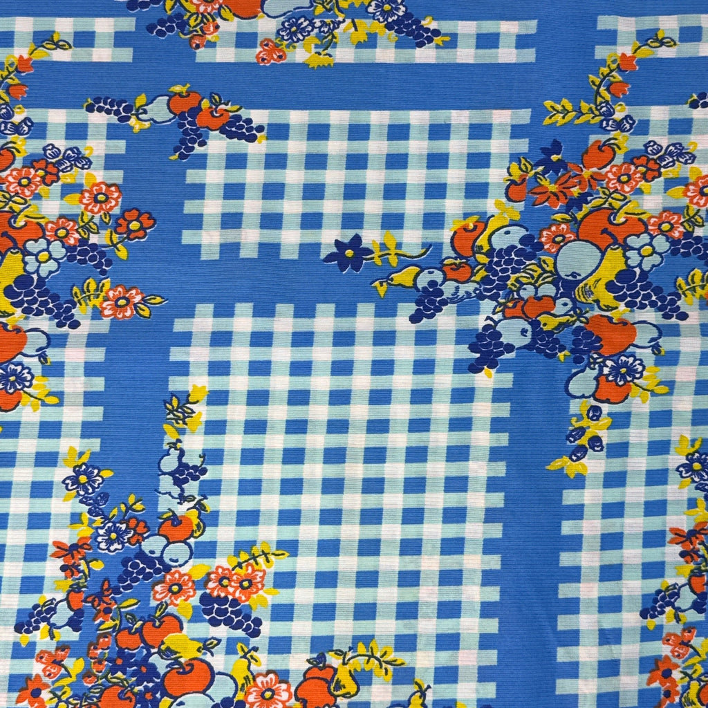 Vintage 60s Fabric Blue Fruit Gingham Cotton Fabric Panel 91x48 MCM