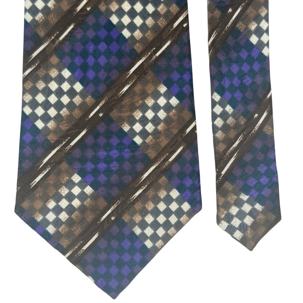Vintage 90s Manhattan Purple Brown Checkerboard Polyester Necktie 58x3.5