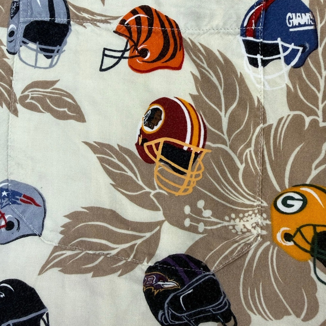 Vintage 90s Sun & Turf NFL Helmet Print Rayon Hawaiian Camp Shirt Men's XXL