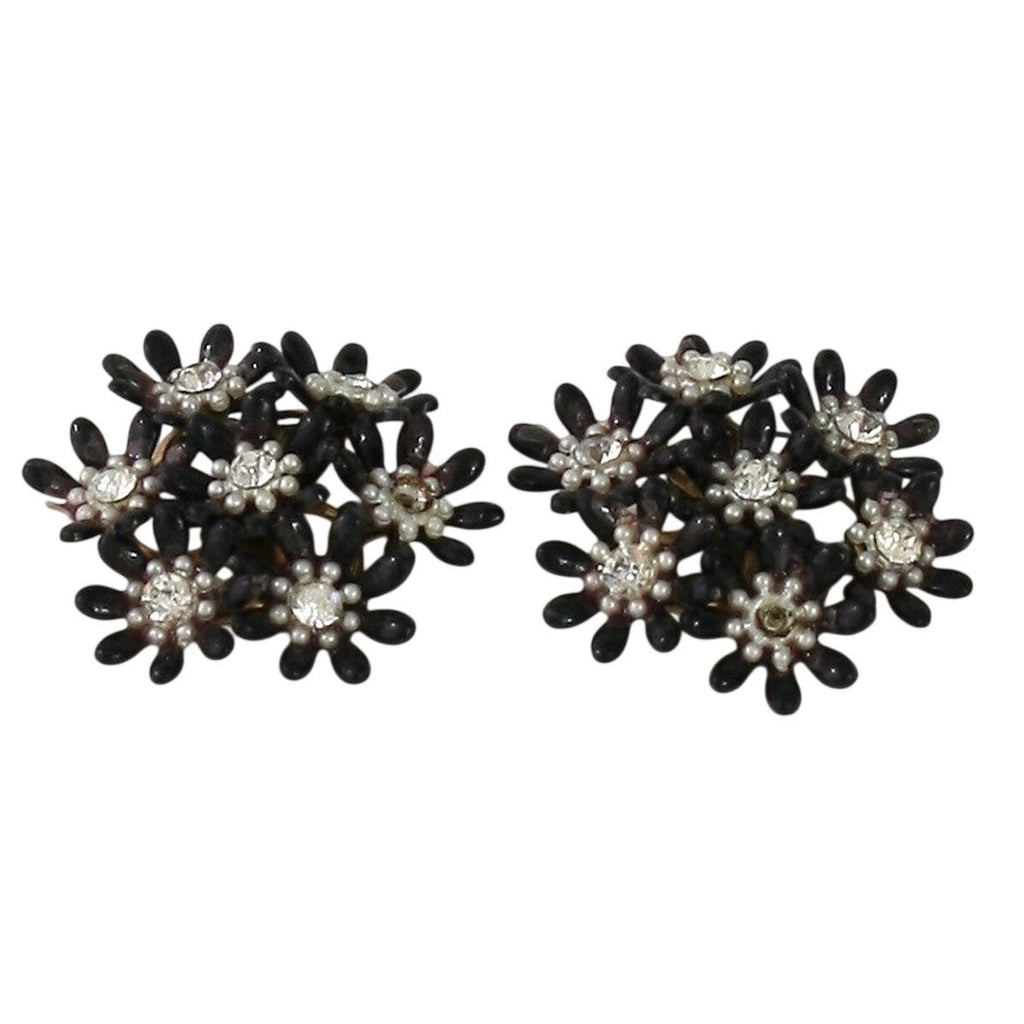Vintage 1950s Black Daisy Rhinestone Clip On Earrings Floral 2”