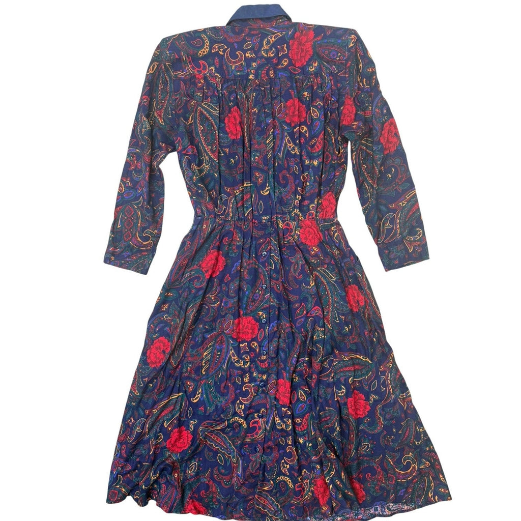 Vintage 80s Tarenti Paisley Rayon Midi Dress Navy Red Pleated Pockets Small