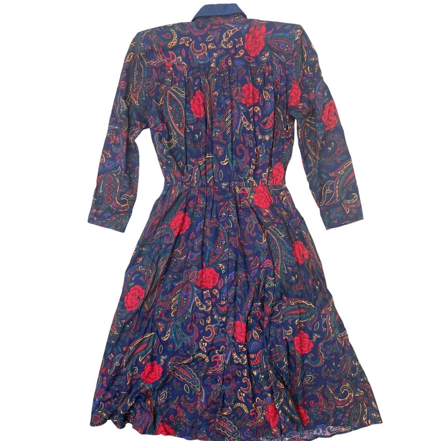Vintage 80s Tarenti Paisley Rayon Midi Dress Navy Red Pleated Pockets Small