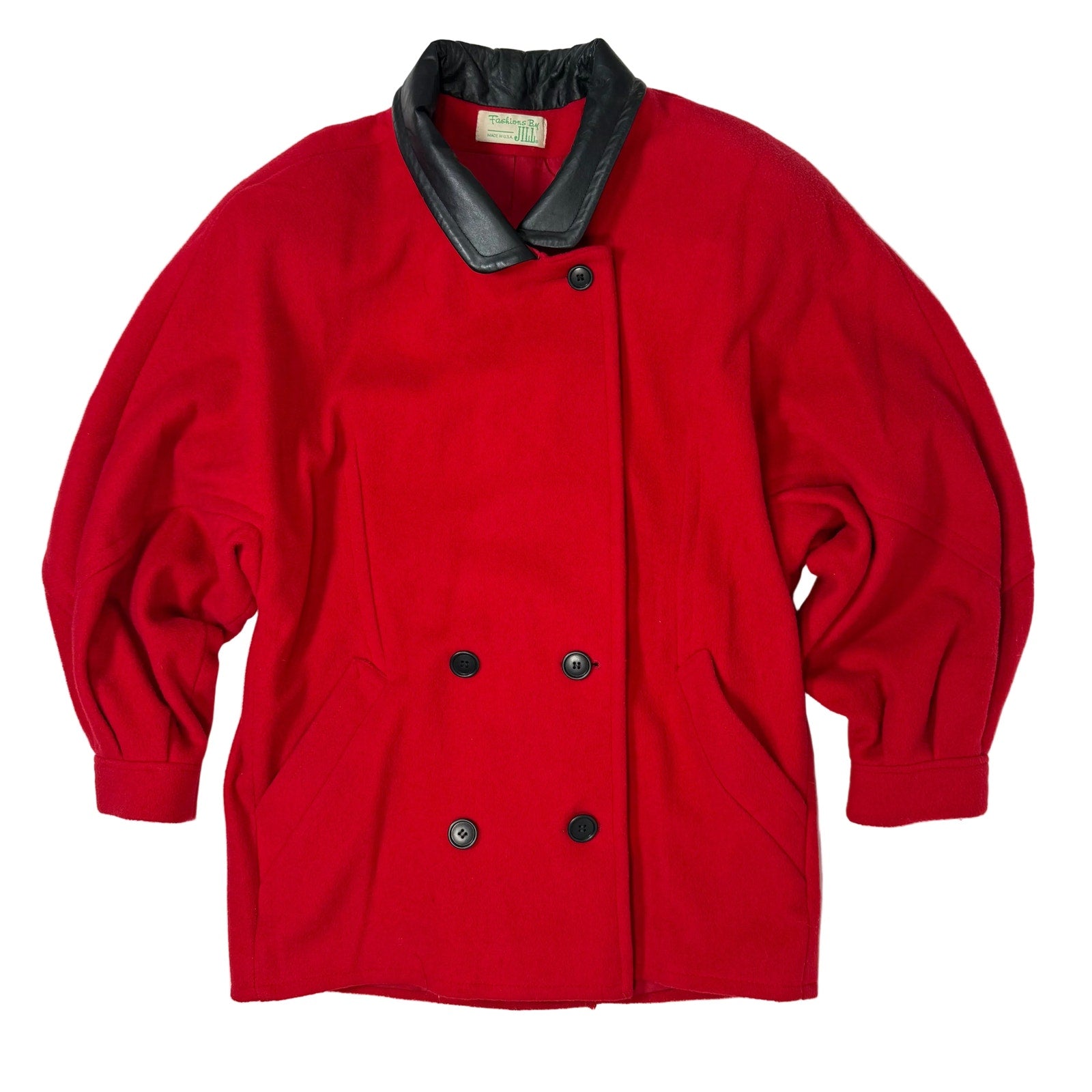Vintage 80s Women's Medium Red Wool Jacket Black Leather Collar Power Shoulder