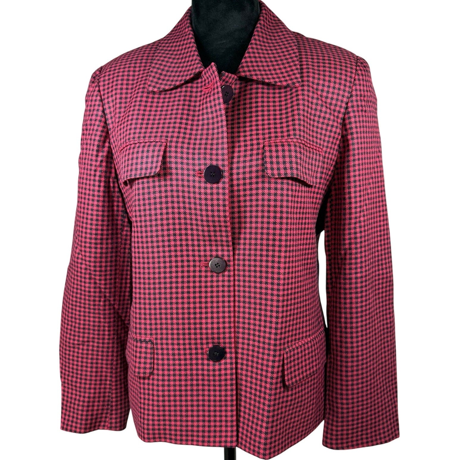 Vintage 90s Women's 12P Pink Houndstooth Blazer Jacket USA Made Rayon