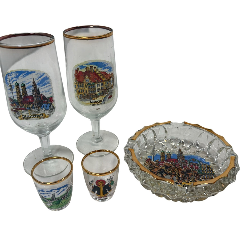 Vintage 70s Schweinfurt Germany Ashtray, Wine & Shot Glasses Set