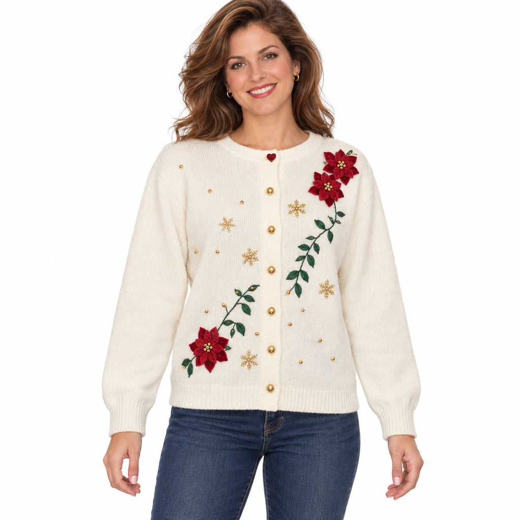 Vintage 90s Classic Elements Cream Poinsettia Christmas Cardigan Women’s Large