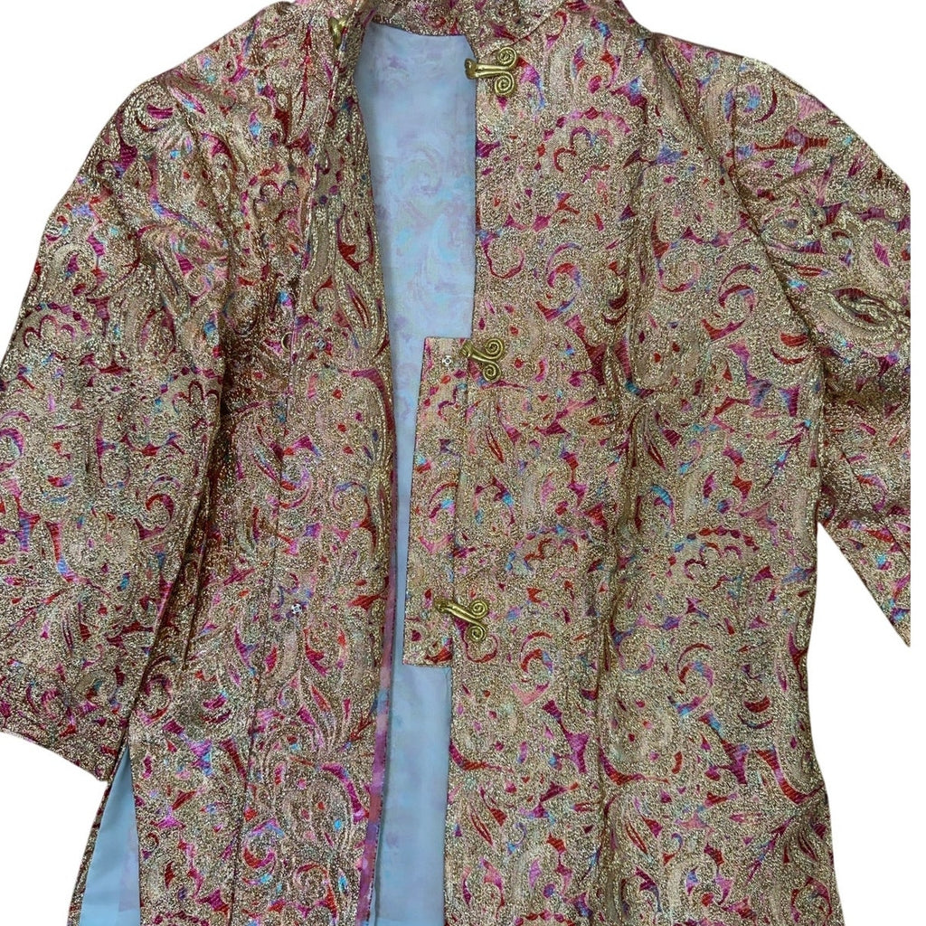 Vintage 90s Women's Medium Metallic Tunic Jacket Asian Inspired Hook Closure