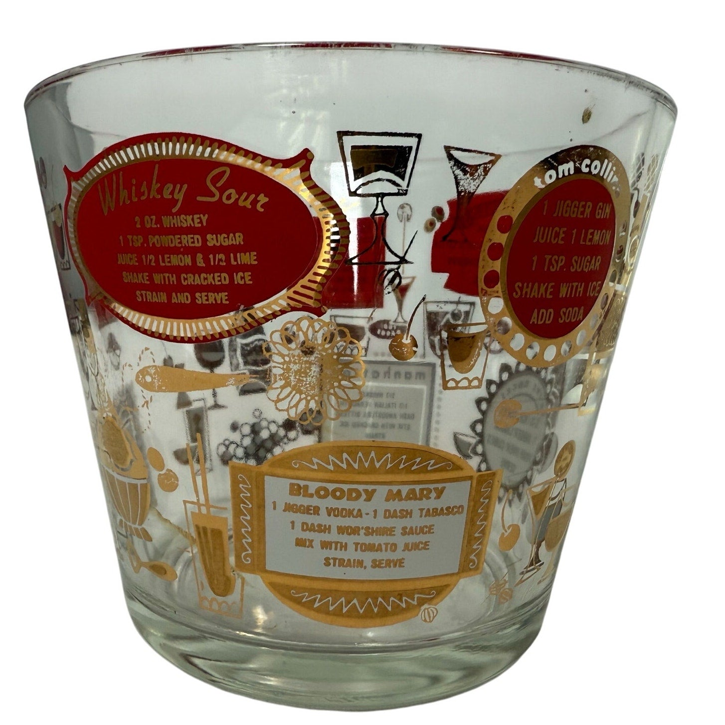 Vintage Jeannette Cocktail Ice Bucket 6” Barware Red & Gold Mid-Century Style