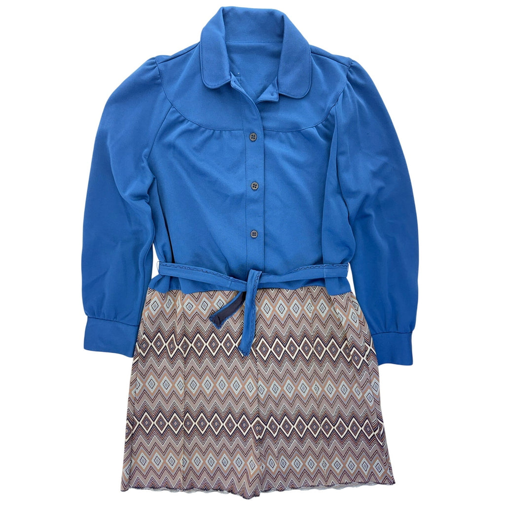 Vintage 70s Blue Geometric Shirt Dress Belted Polyester Knit Midi Dress