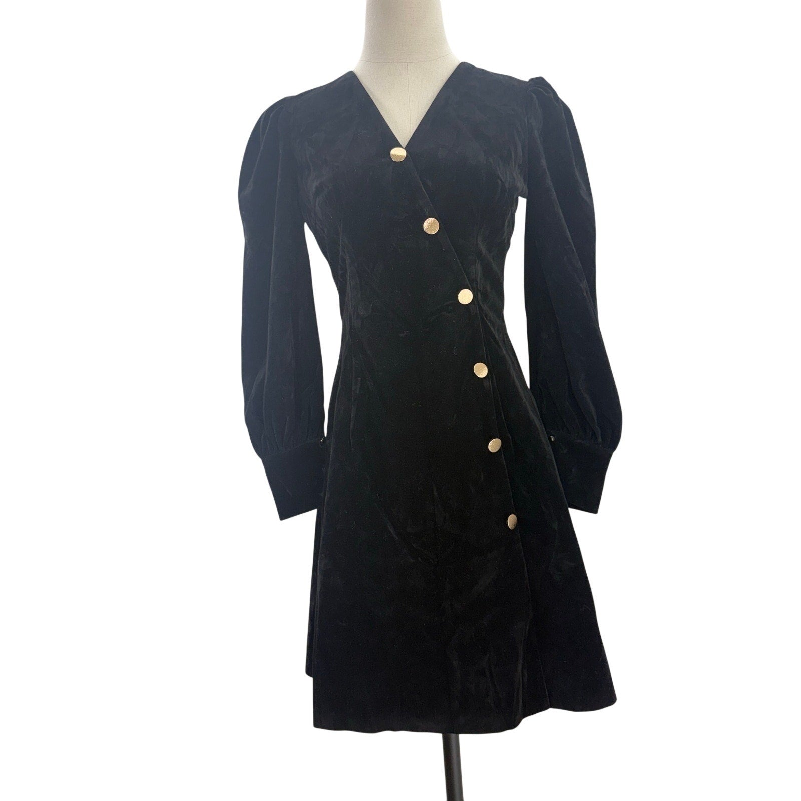 LEP Black Velvet Mini Dress Women's Medium Puff Sleeve Gold Button Back Zip Y2K
