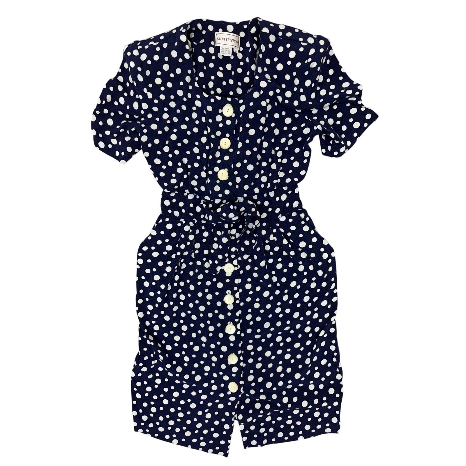 Vintage 80s Women's 14 Karin Stevens Polka Dot Rayon Dress Navy White Tie