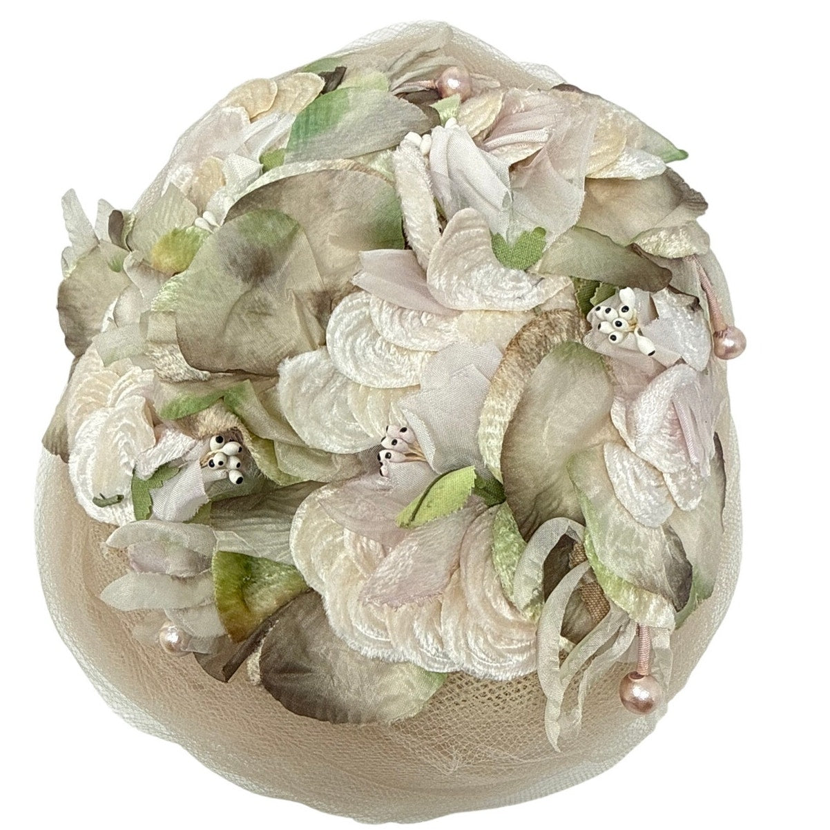 Vintage 1950s Ivory Floral Turban Hat with Tulle & Netting