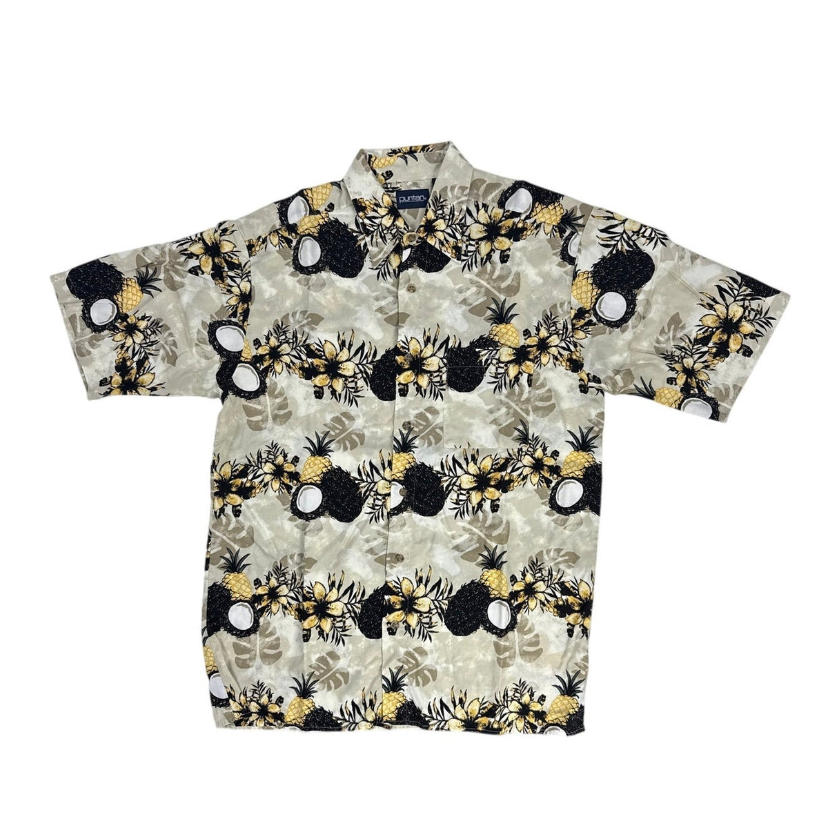 Vintage 90s Puritan Beige Pineapple Rayon Hawaiian Shirt Men’s Medium