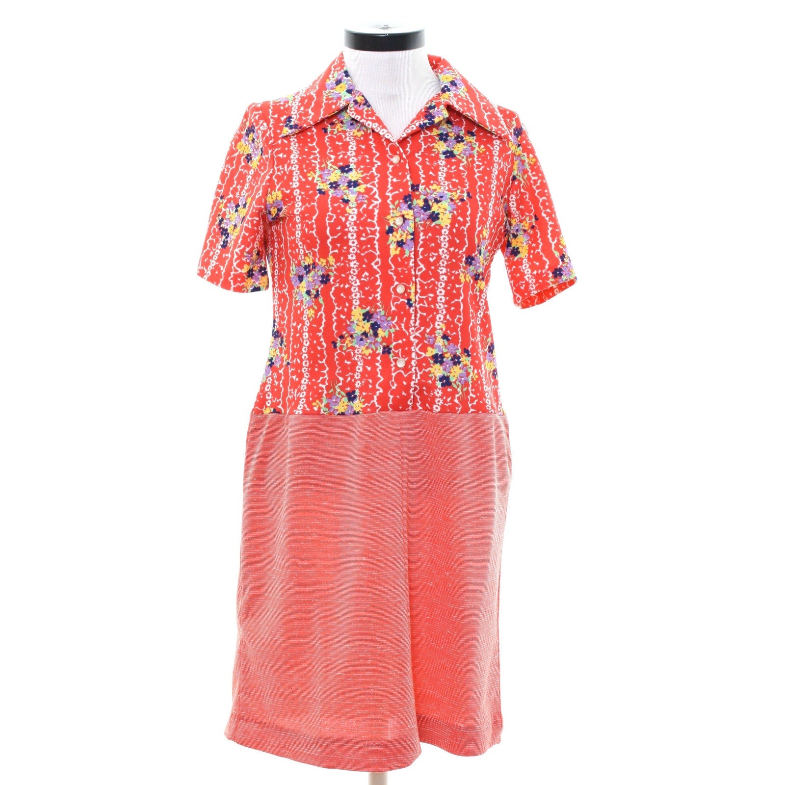 Vintage 70s Orange Red Floral Polyester Knit Drop Waist Shirt Dress Small/Medium