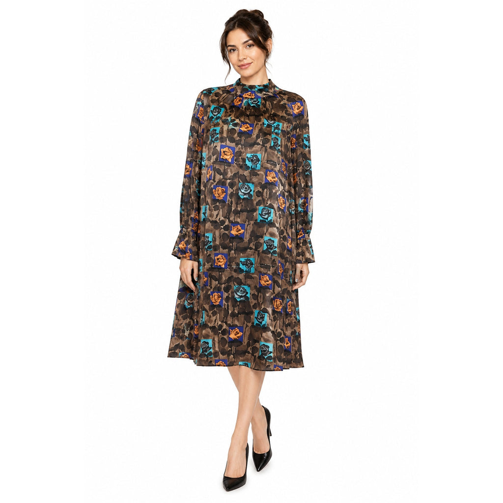 Vintage 1970s Brown Floral Polyester A-Line Midi Dress MOD Women's