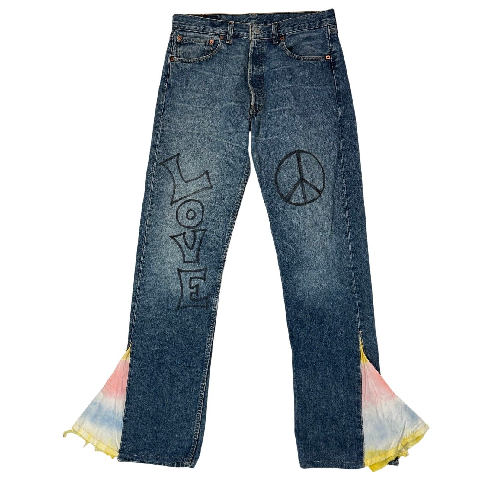 Vintage 90s Levi’s 501 Denim Jeans 32x34 Peace Love Freedom Tie Dye