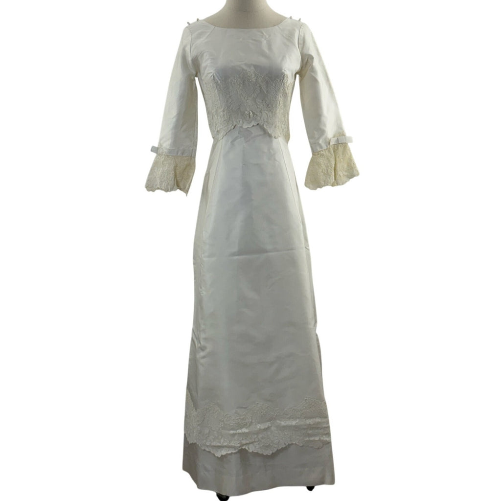 Vintage 1960s Women's XS Alfred Angelo Satin Lace Wedding Dress w Train