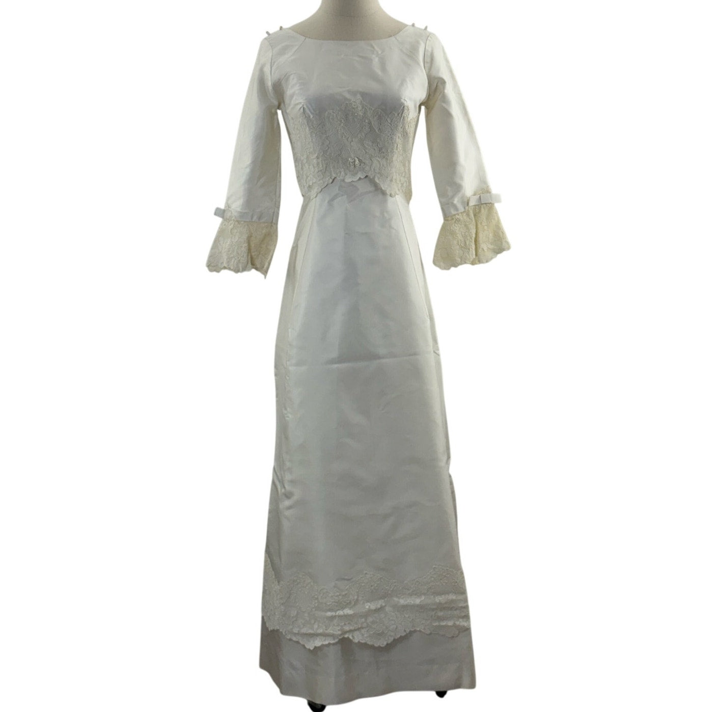 Vintage 1960s Women's XS Alfred Angelo Satin Lace Wedding Dress w Train
