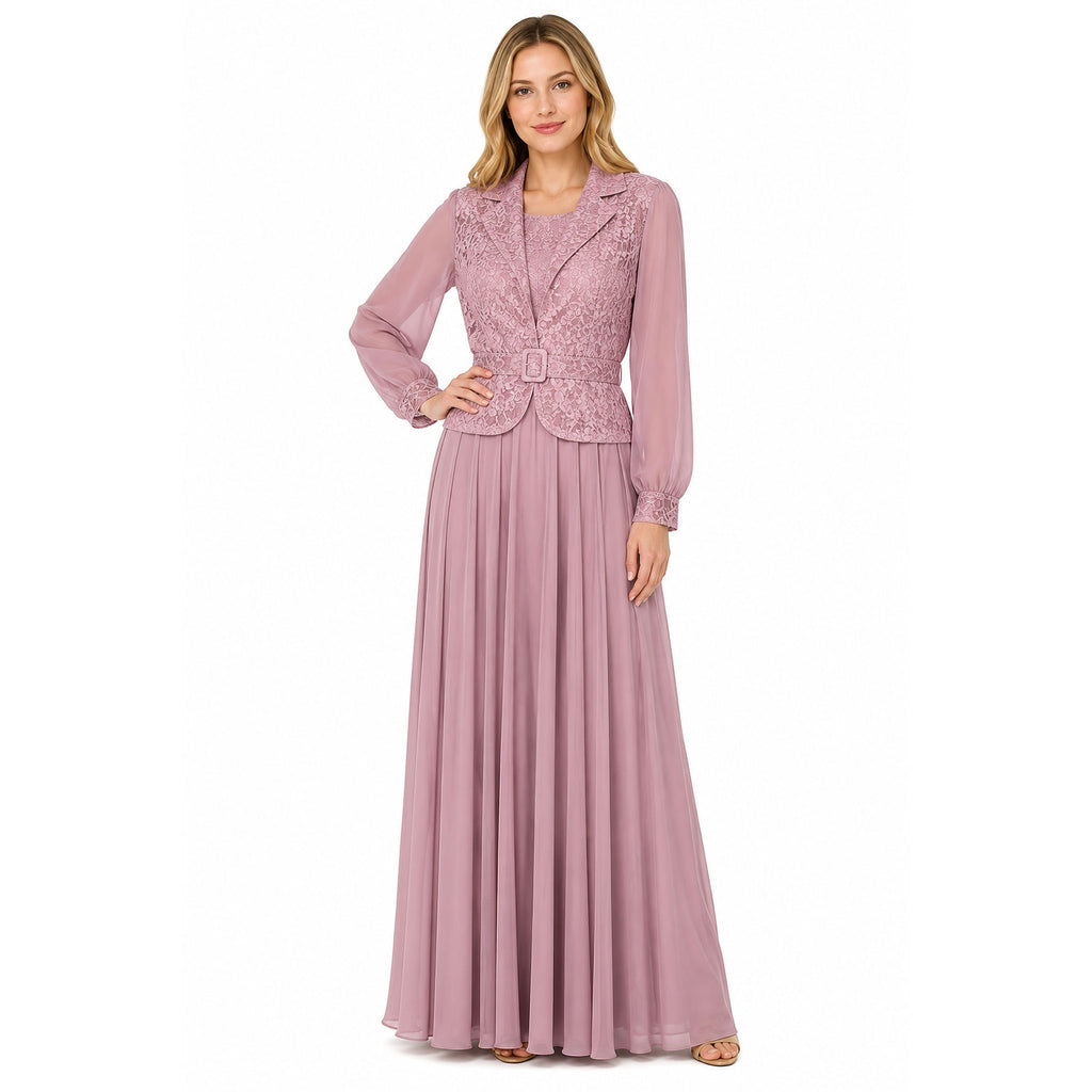 Vintage 1970s Mauve Lace Maxi Dress & Jacket Set Belted Formal Gown