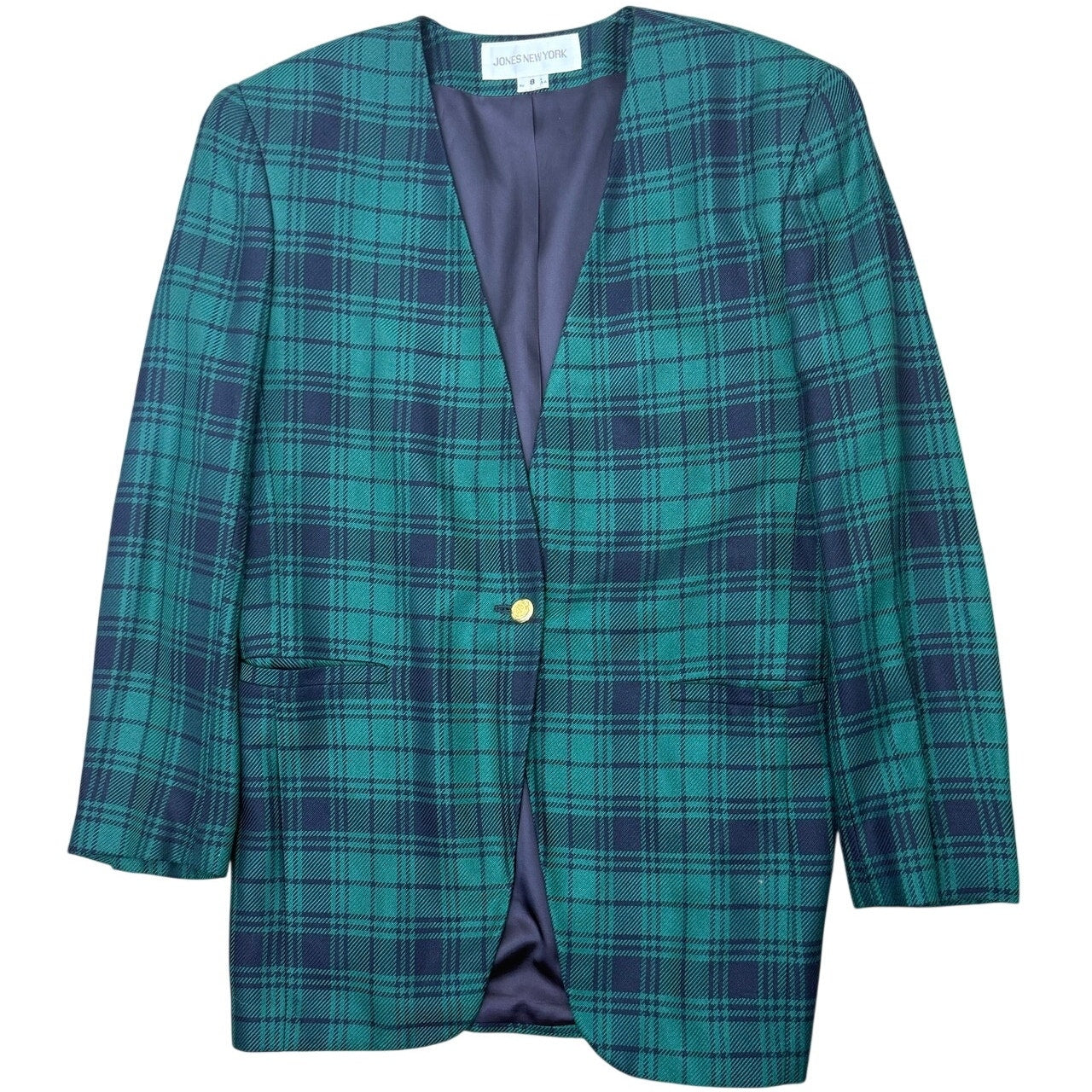 Jones New York Plaid Blazer Jacket Women's 8 Green Blue USA Single Button
