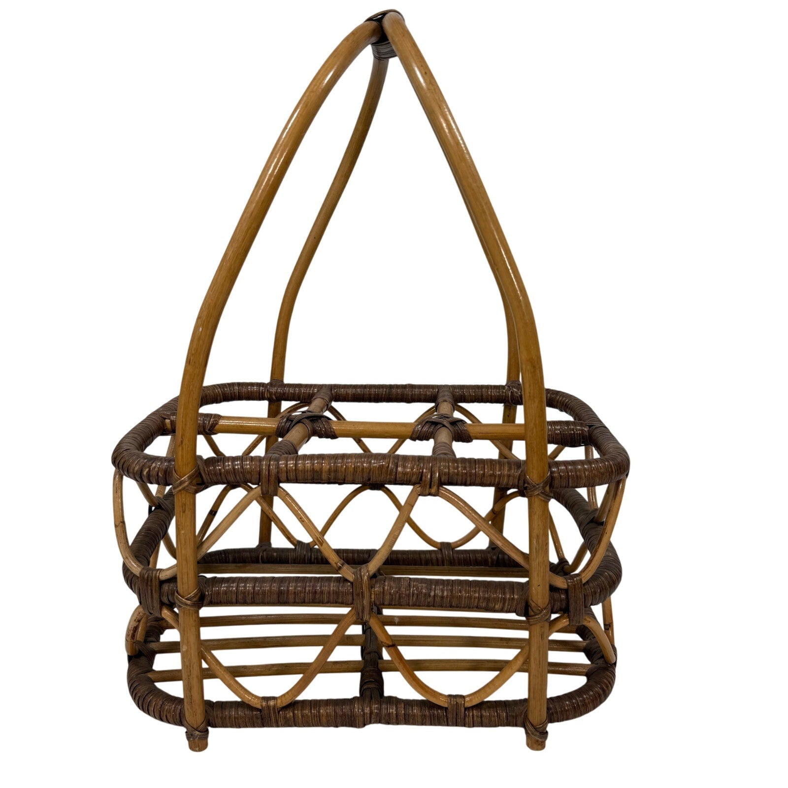 Vintage 80s Bent Wood Bamboo Wine Basket Holder Rustic Boho Farmhouse 18”