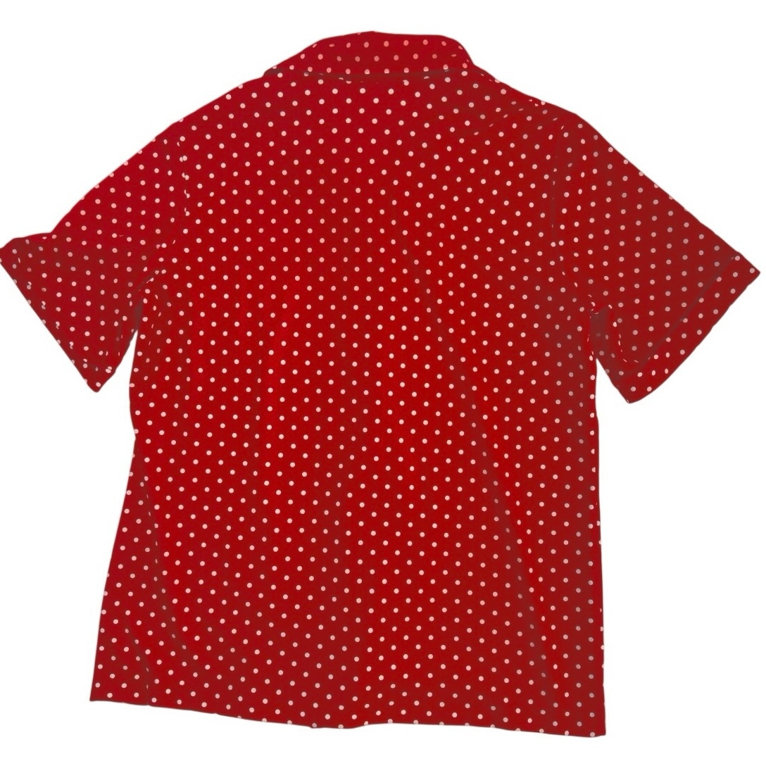 Vintage 70s Red White Polka Dot Knit Blouse Short Sleeve Button Front