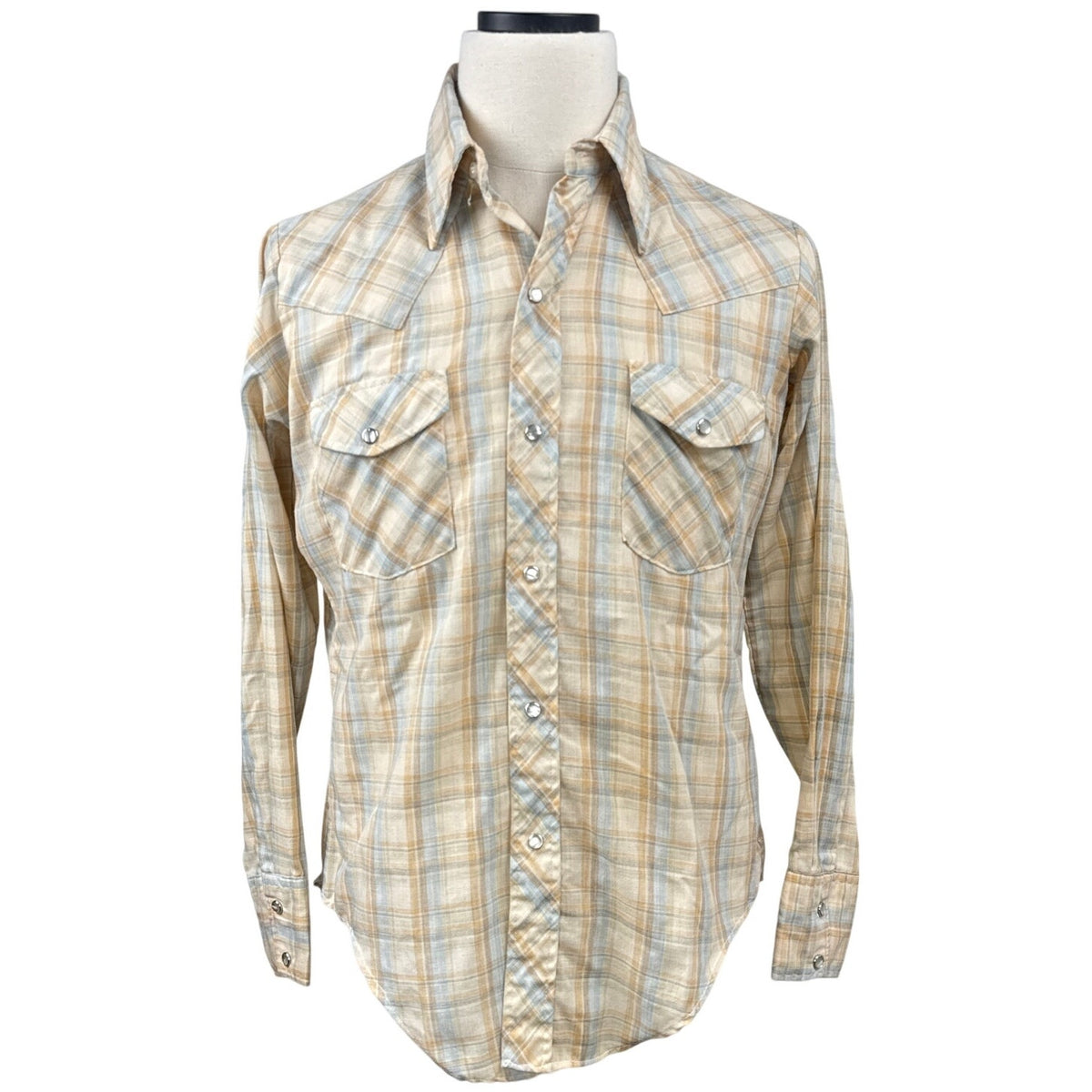 Vintage 80s Mens Blue Tan Plaid Pearl Snap Western Shirt Medium